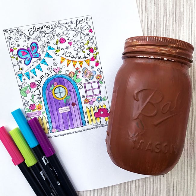 Supplies needed to make a Mason Jar Fairy House! Free coloring printable included.