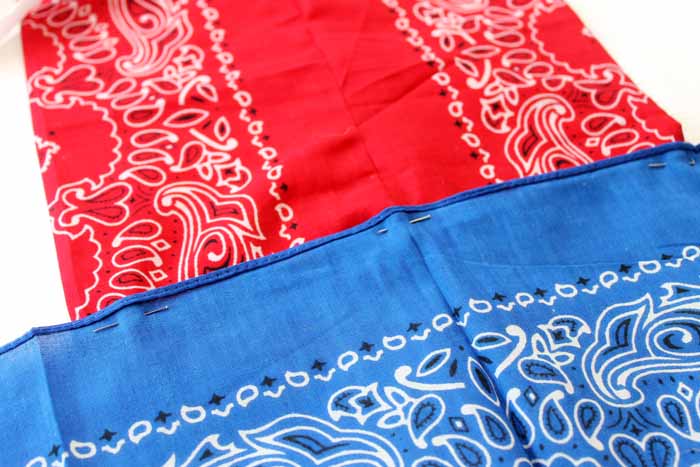 red and blue bandanna pinned together