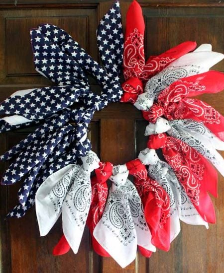 Make this patriotic wreath from bandannas and just one other supply! Make in 15 minutes or less!