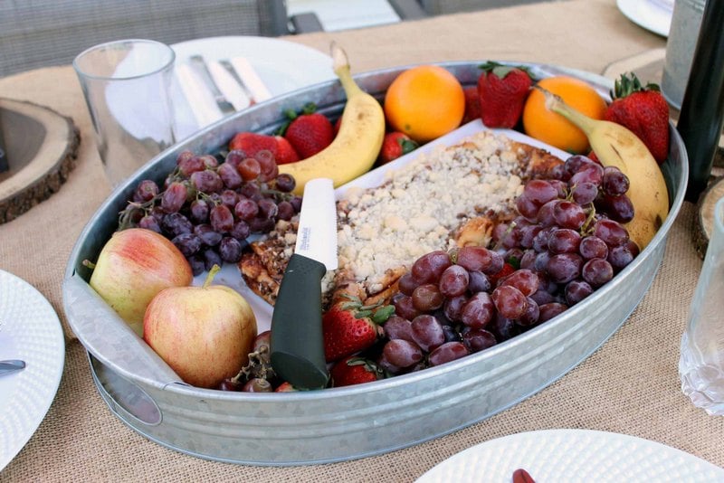 metal tray filled with brunch foods