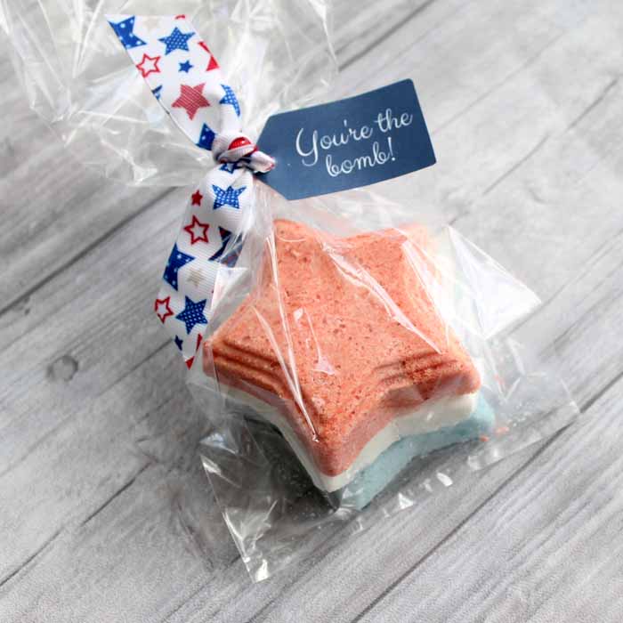 gift-wrapped red, white, and blue bath bombs