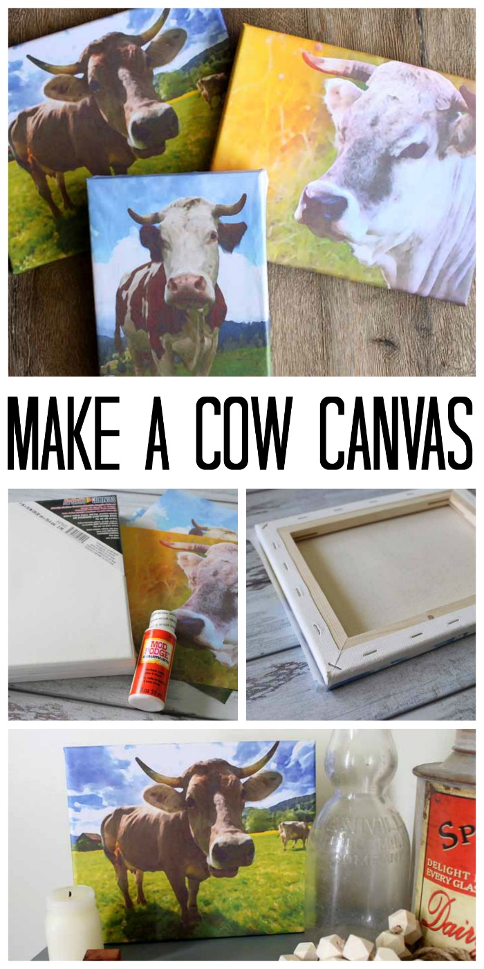 Pin image of cow prints and supplies with text overlay saying "Make a cow canvas "