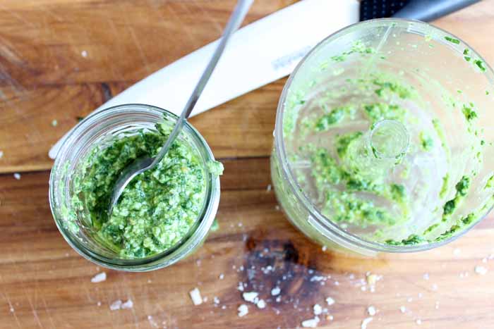 Making pesto with basil! Top hummus for an amazing snack!