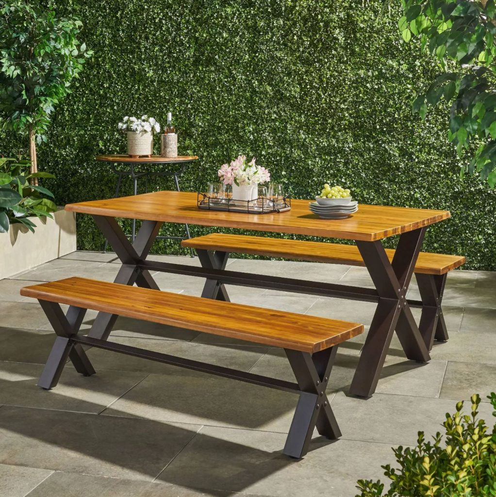 wood and metal outdoor dining table