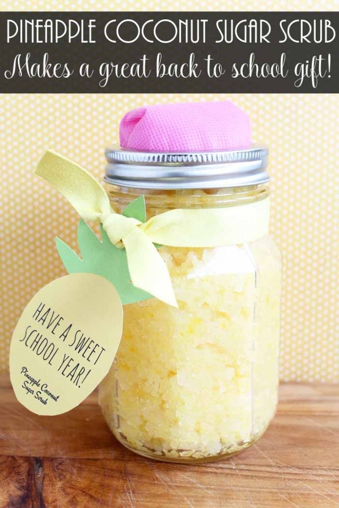 pencil mason jar with sugar scrub and pineapple gift tag