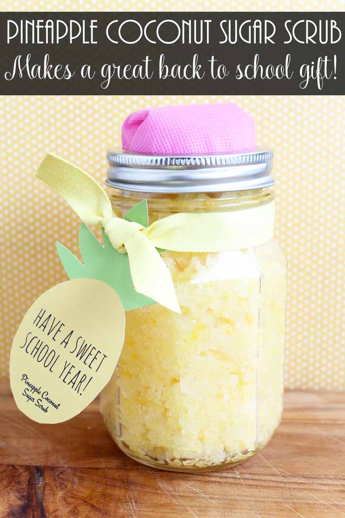 pencil mason jar with sugar scrub and pineapple gift tag