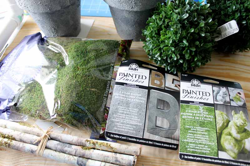 supplies to make a potted boxwood topiary
