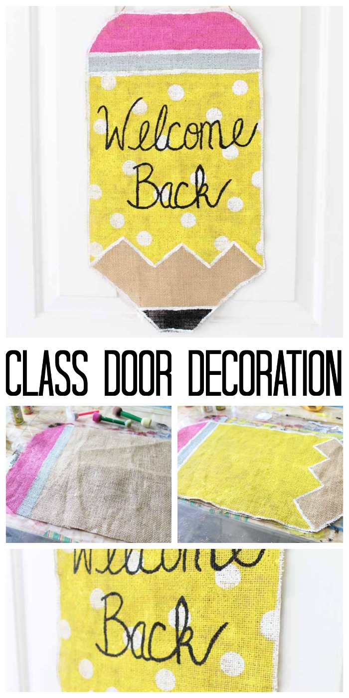 burlap pencil class door decoration with text overlay