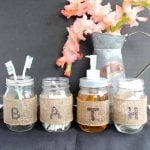 Make a mason jar bathroom set with burlap in this quick and easy tutorial!
