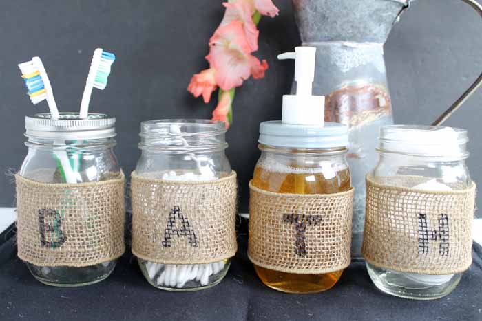 Mason jar bathroom set with burlap