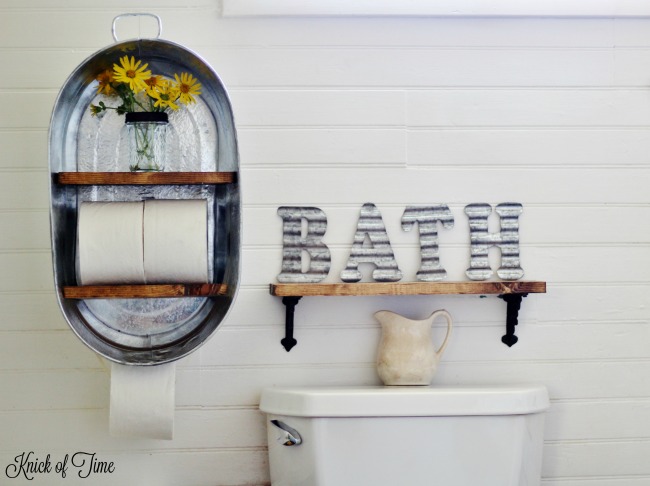 A galvanized wash tub can easily be made into a rustic shelf that's perfect for additional bathroom storage