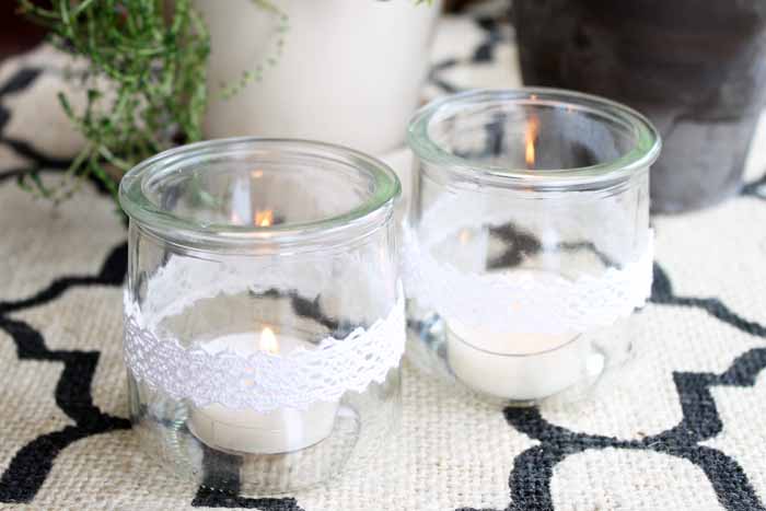 recycled yogurt jars into candle holders