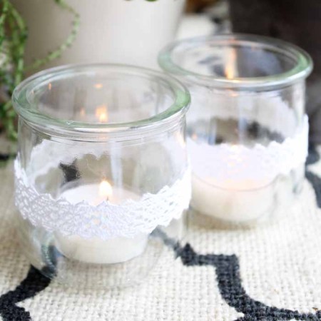 lace wrapped jars with candles