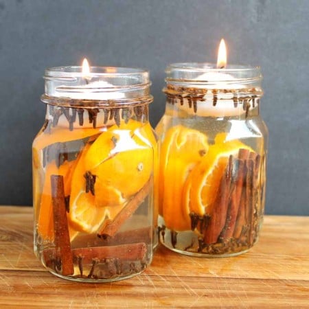 tea lights in glass jar candles with orange and cinnamon