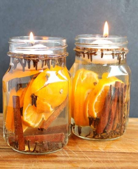 tea lights in glass jar candles with orange and cinnamon