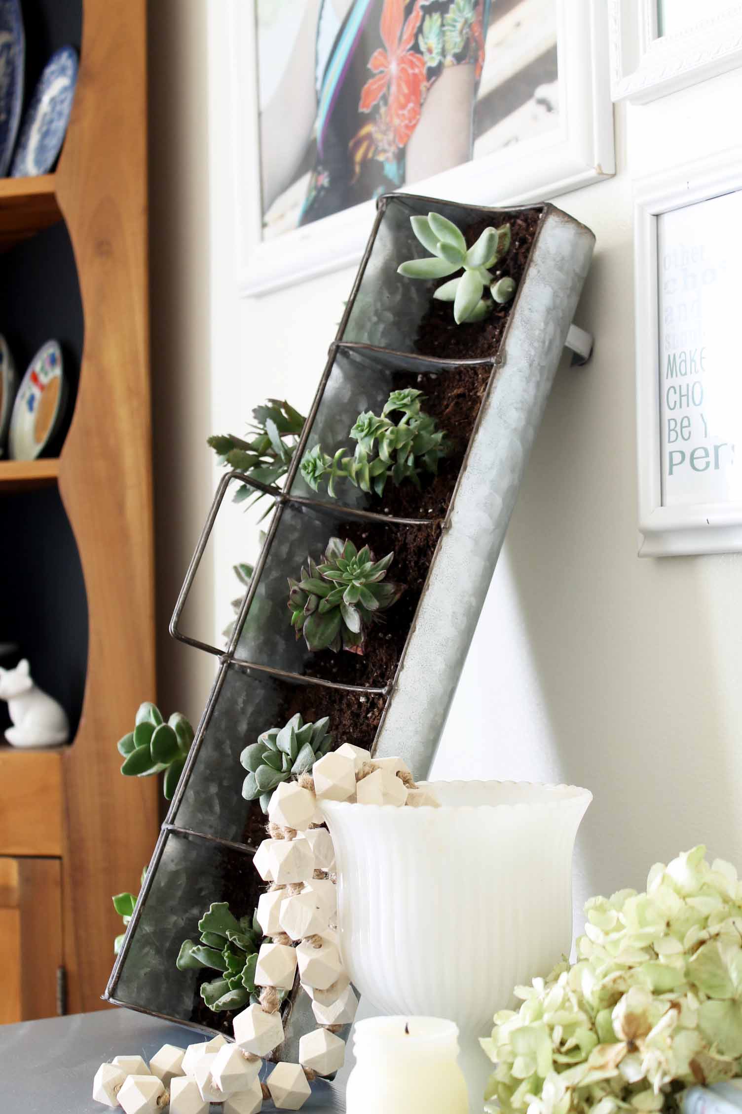 close up of succulent garden propped up on a wall with wooden beads