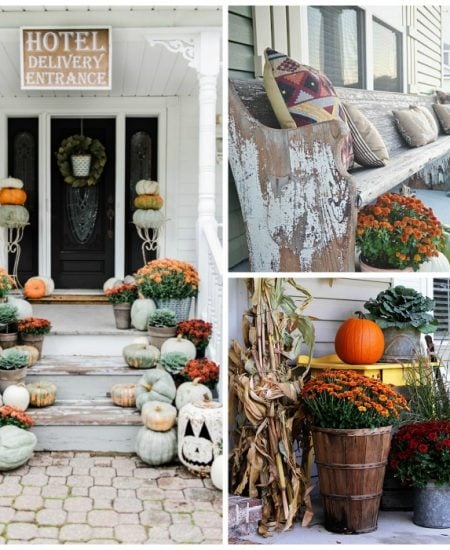 collage of outdoor fall porches and decorations