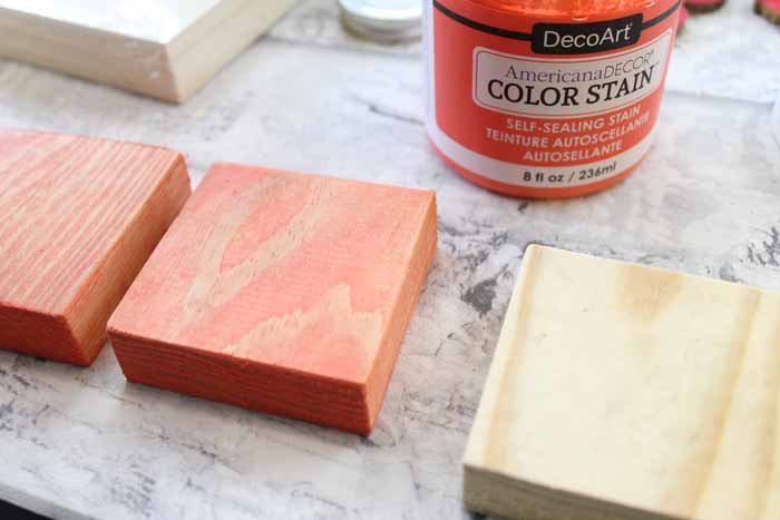 Staining wood blocks for the outdoor yard game board