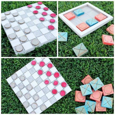 Close up of outdoor checkers and tic tac toe on grass backdrop