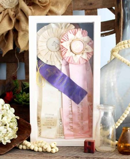 ribbon shadowbox case on a farmhouse backdrop