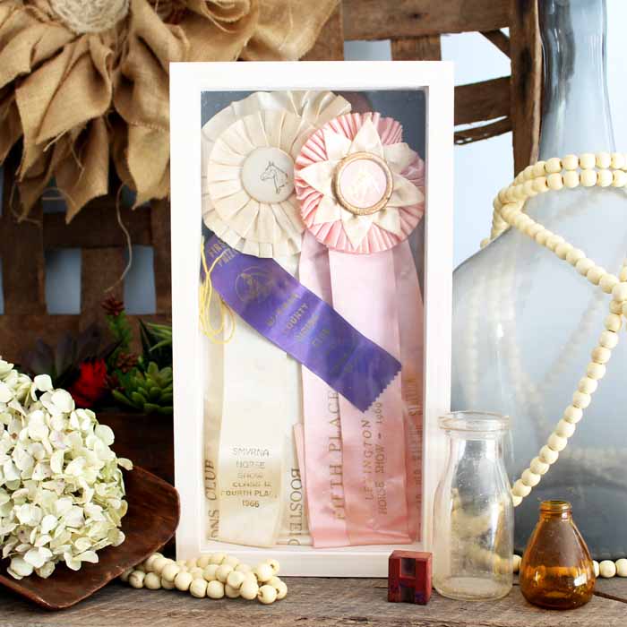 ribbon shadowbox case on a farmhouse backdrop