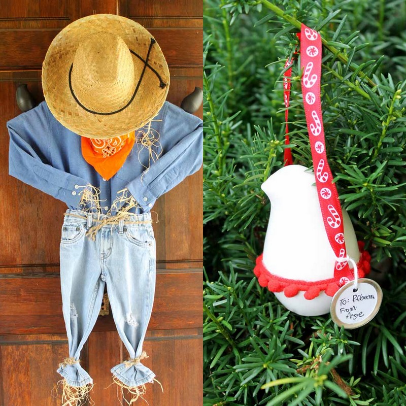 scarecrow wreath on a wooden door and Christmas ornament hanging on a tree