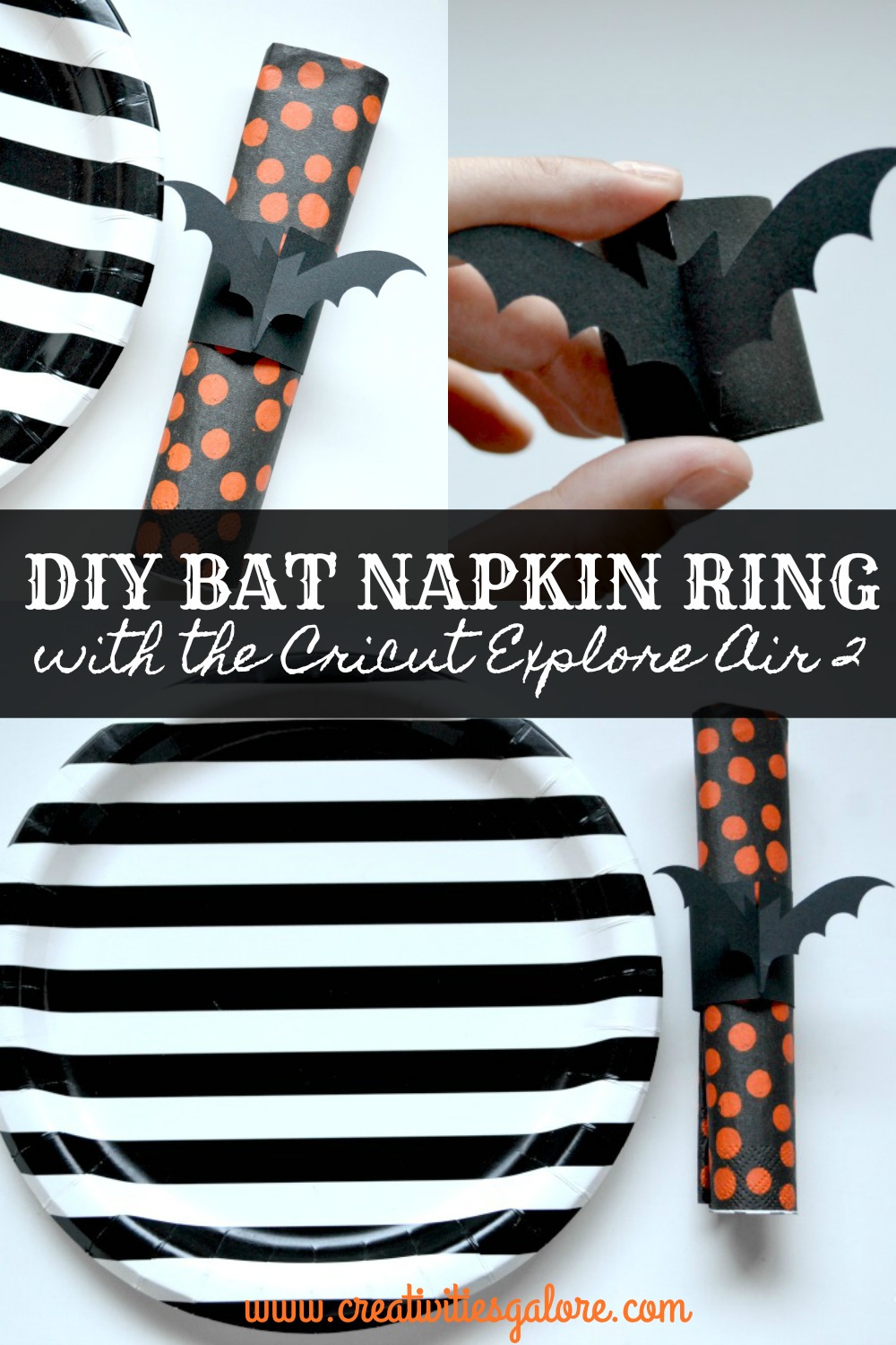 diy bat napkin rings on black and white plate with title on white backdrop