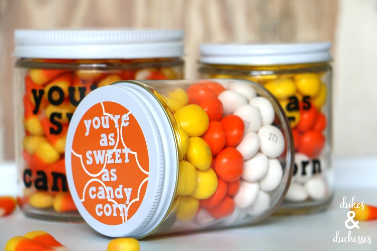clear glass jar with yellow orange and white candy with you are as sweet as candy corn label