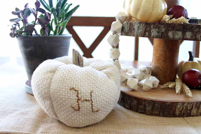 white pumpkin with stitched h on fall backdrop