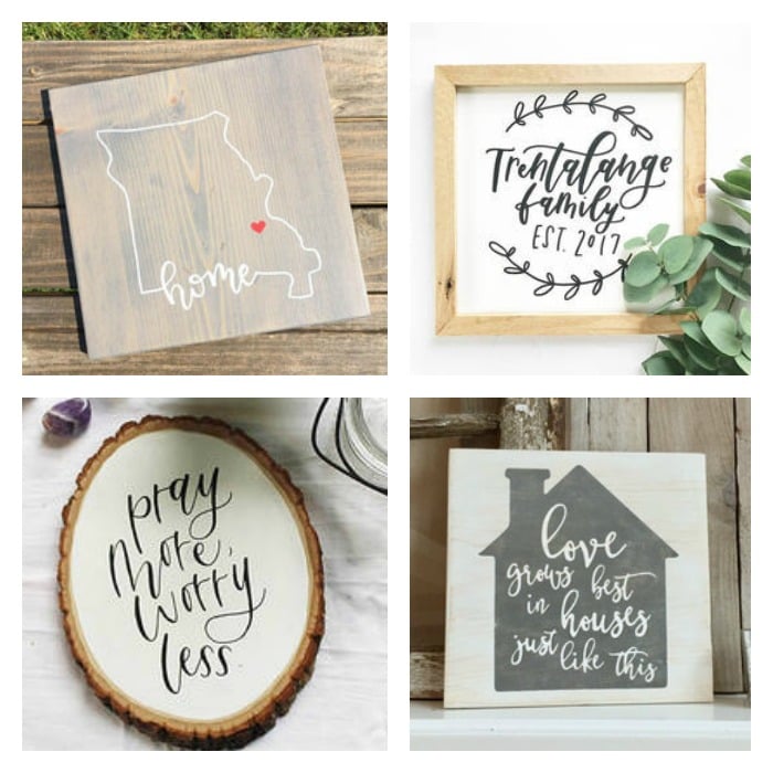 collage of farmhouse lettered signs that look hand lettered