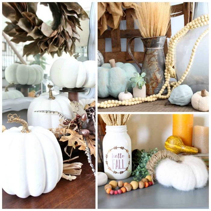 pictures of painted pumpkins in a collage for fall crafts