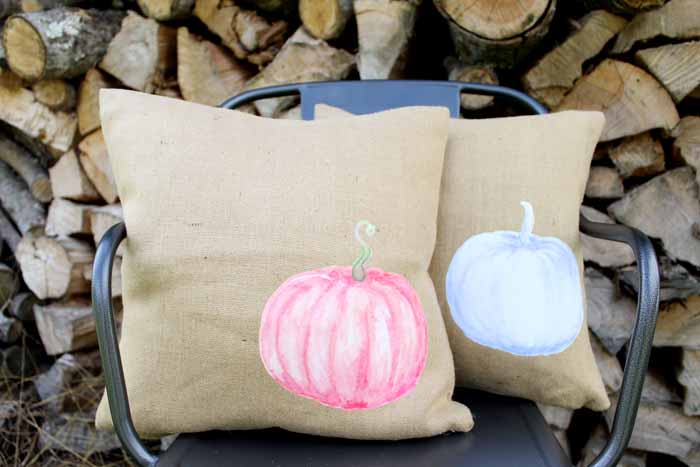 burlap pillows with pink and blue pumpkins