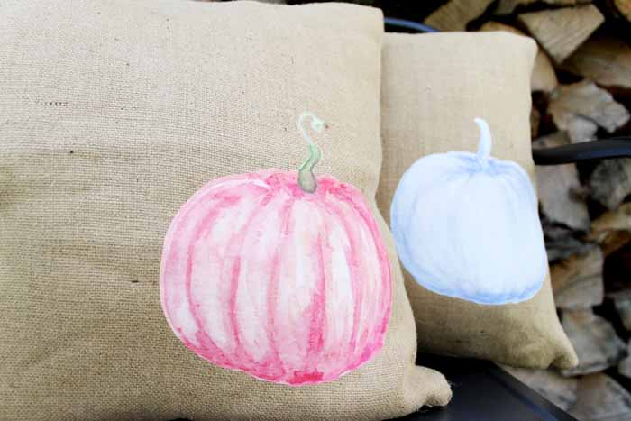 watercolor pumpkins on burlap pillow