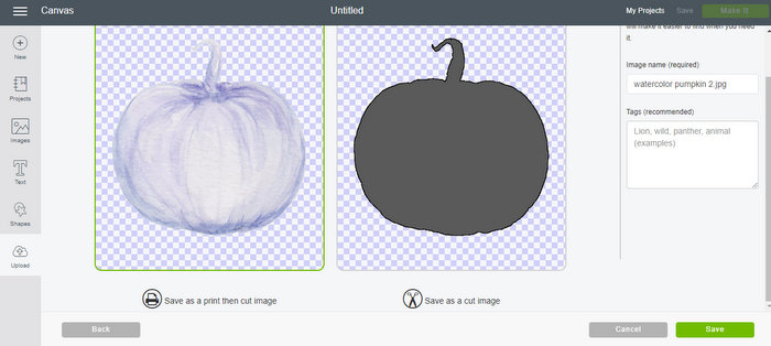 Save the pumpkin file as a print then cut image in Cricut Design Space