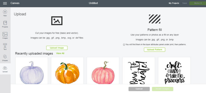 Select your newly uploaded pumpkin image from your recently uploaded images in Cricut Design Space