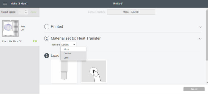 Set the pressure setting to "less", which works best with this brand of heat transfer sheets