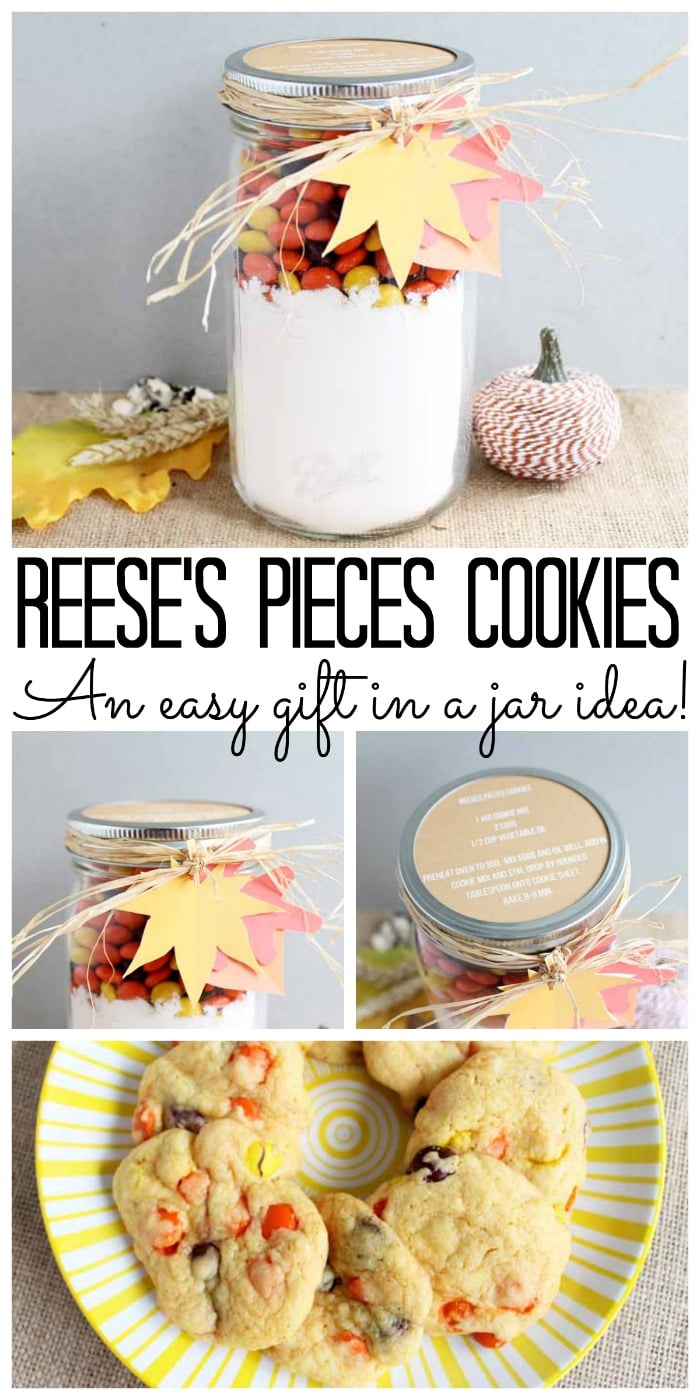 Make these Reese's pieces cookies and give a gift in a jar! A two ingredient cookie mix idea!