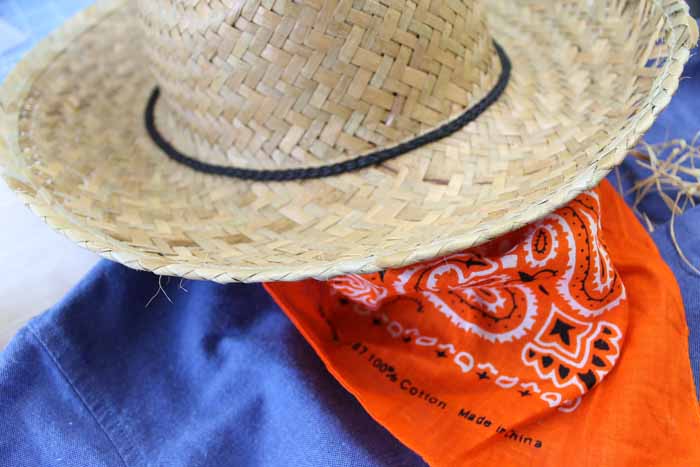 straw hat with orange bandana on denim shirt