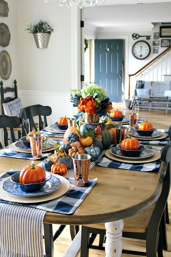 blue and white table set for thanksgiving