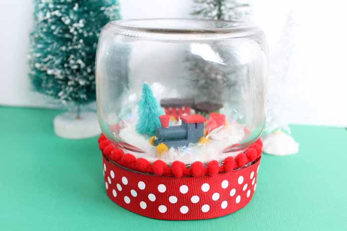 Completed train mason jar snow globe