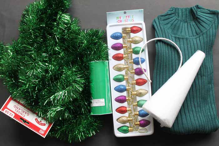 Supplies needed to make a DIY Christmas sweater with lights!