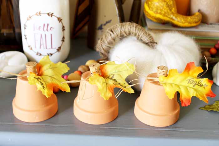 A group of clay pot pumpkins with leaves for a fall or thanksgiving name card