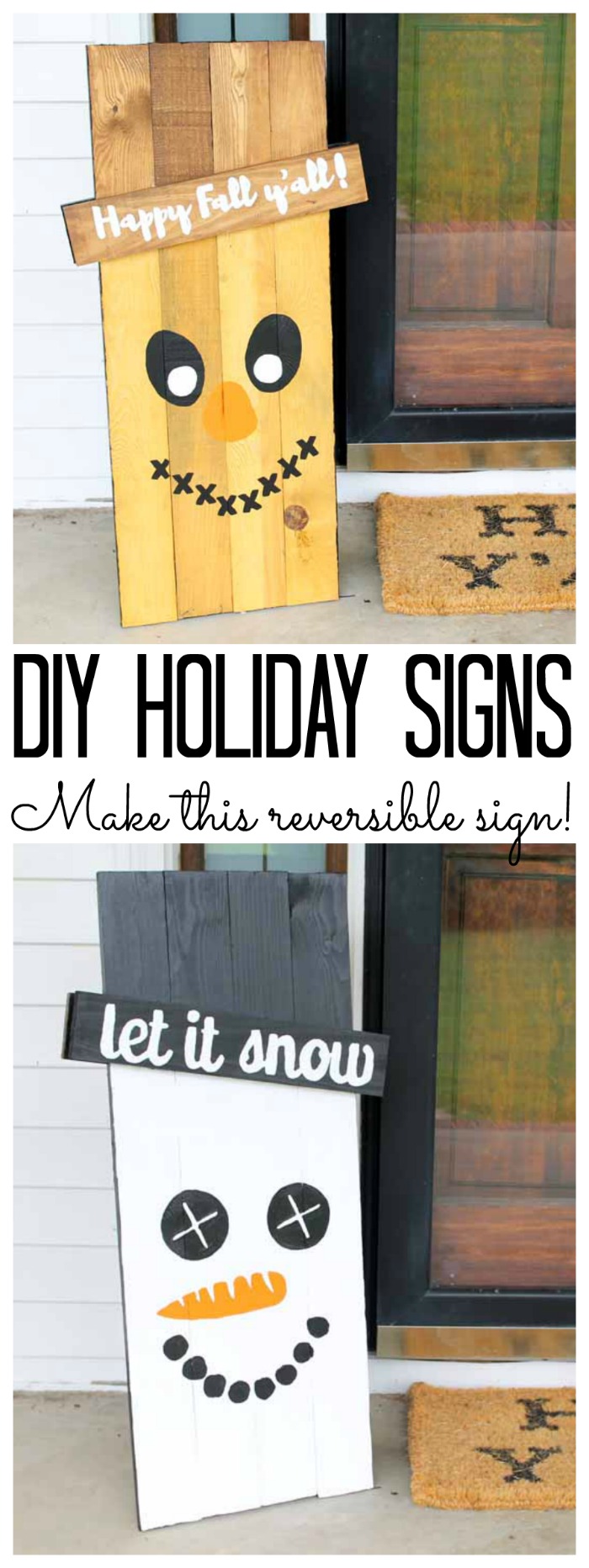 Make these reversible holiday signs for your porch! Free templates to make this scarecrow and snowman sign for your home!