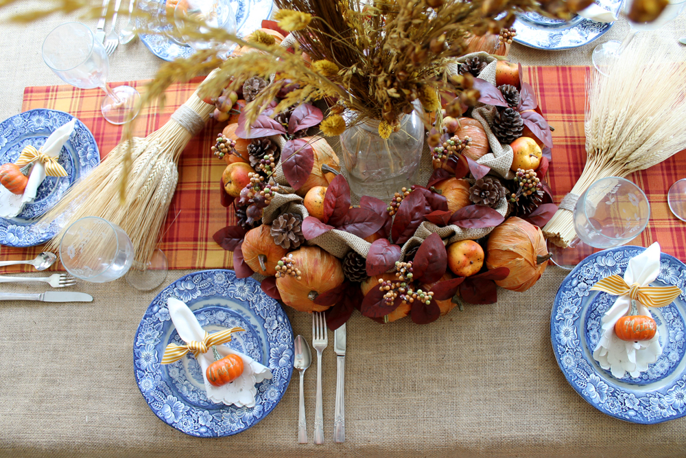 Wheat bunches accent this DIY Thanksgiving tablescape