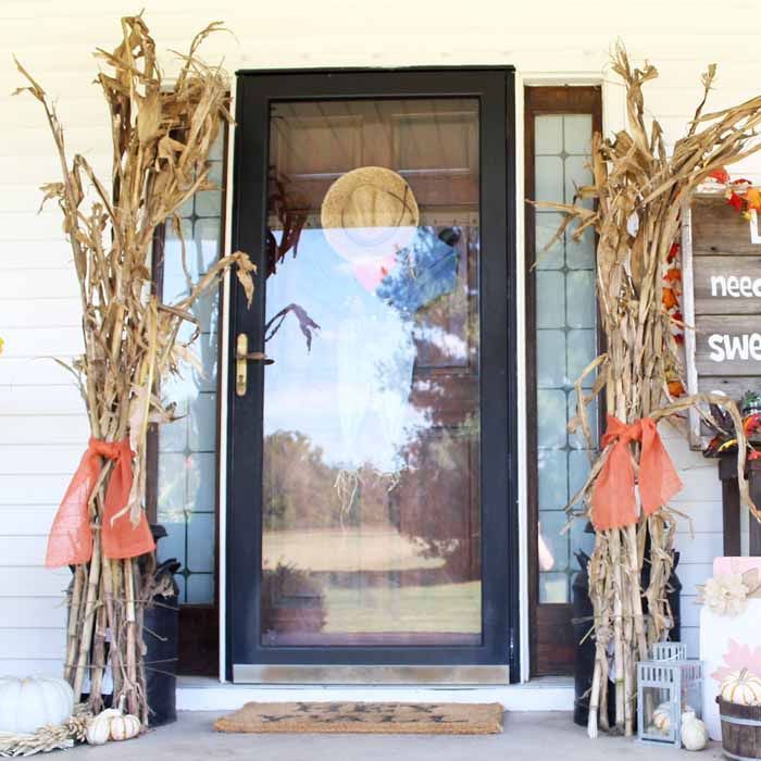 Farmhouse fall front porch with tied corn stalks on each side of a door and mini pumpkins
