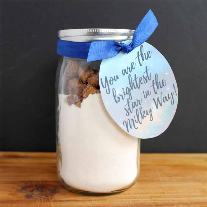 Cookie mix in a jar with milky way gift tag