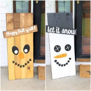 Make these reversible holiday signs for your porch! Free templates to make this scarecrow and snowman sign for your home!