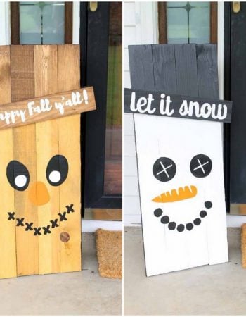 Make these reversible holiday signs for your porch! Free templates to make this scarecrow and snowman sign for your home!