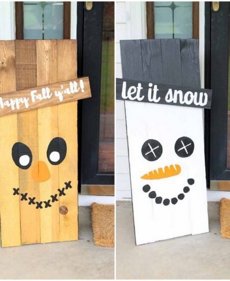 Make these reversible holiday signs for your porch! Free templates to make this scarecrow and snowman sign for your home!