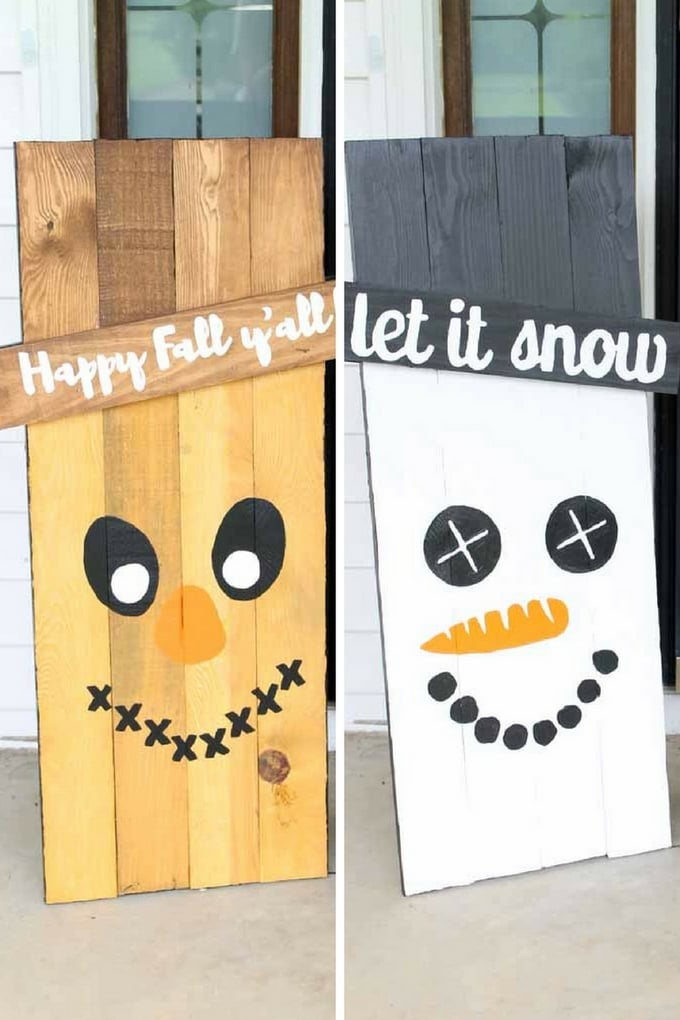 Make these reversible holiday signs for your porch! Free templates to make this scarecrow and snowman sign for your home!